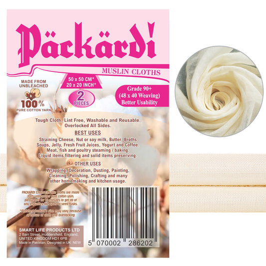 PACKARDI Cheesecloth Pack of 2 Muslin Cloths for Cooking 50x50 cm, Grade 90+ Reusable and Washable Cheese Cloths for Straining, 100% Unbleached Pure Cotton Lint Free Cloth Cheese Cloth for Baking