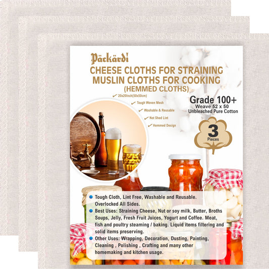 Grade 100+ PACKARDI Cheesecloth Pack of 3 Muslin Cloths for Cooking 50x50 cm, Reusable and Washable Cheese Cloths for Straining, 100% Unbleached Pure Cotton Cloth Ultra-Fine Cheese Cloth for Baking